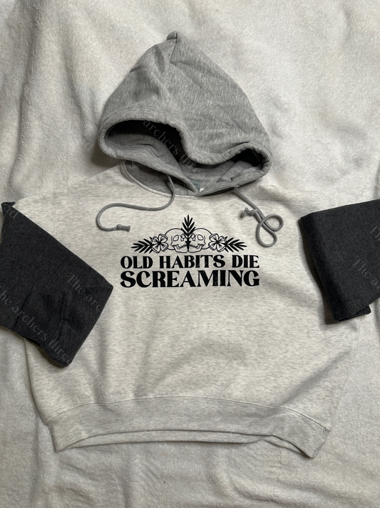 Old Habits Die Screaming Color Block Cropped Hoodie